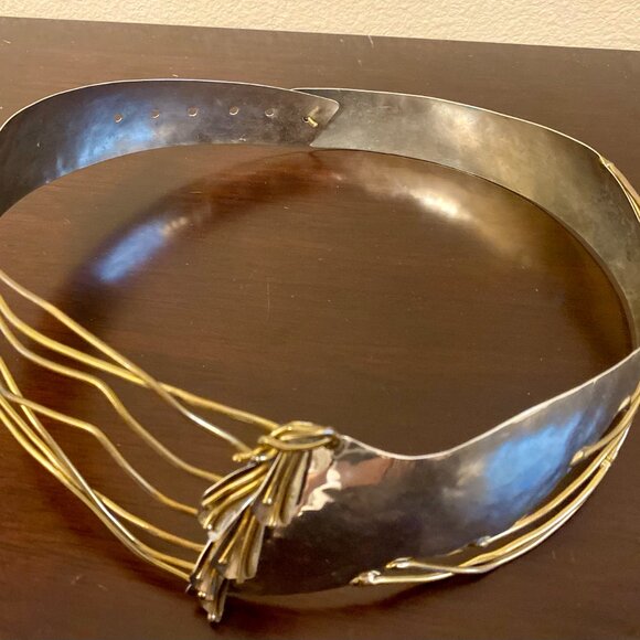 Vintage 1980s Brutalist Style Tooled Metal Belt w/Silver & Bronze Embellishments - Picture 5 of 7